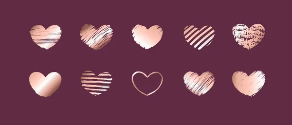Conjunto de corazones texturizados dibujados a mano con gradiente de oro rosa. Símbolo del amor. Elemento de diseño día de San Valentín . — Vector de stock