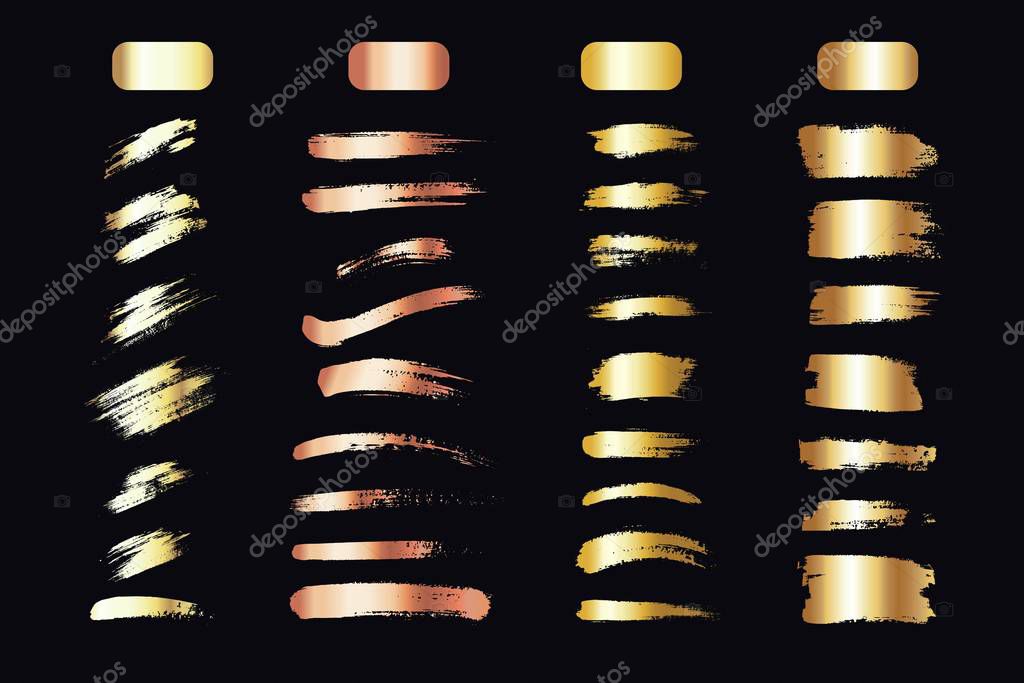 Set of hand drawn brush strokes, textures, backgrounds with golden gradient.