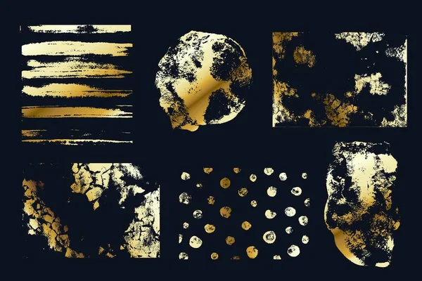 Set of grunge, distress textures, backgrounds with golden gradient. Foil texture. Shiny gold design elements. — 스톡 벡터