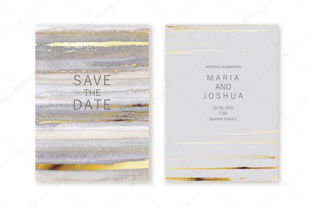 Modern card design. Marble texture. Gold, grey colors brochure, flyer, wedding invitation template.