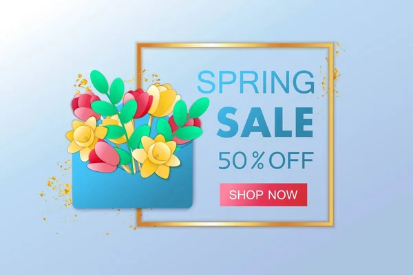 Våren försäljning butik banner. Papper konst botanisk design med blommor och grönska. — Stock vektor