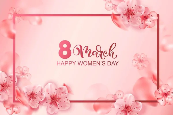ภาพเวกเตอร์ 8 มีนาคมด้วยดอกไม้ดอกเชอร์รี่, กลีบ ซากุระสีชมพู สุขสันต์วันผู้หญิง . — ภาพเวกเตอร์สต็อก