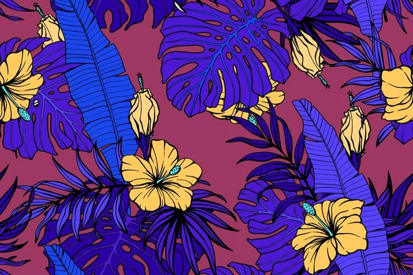 Modello esotico senza cuciture con monstera, foglie di banana, fiori di ibisco. Colorato tropico infinito disegno di sfondo . — Vettoriale Stock