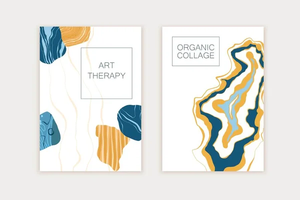 Uppsättning kort med abstrakt marmor, stenstruktur i gula och blå färger. Organiska naturliga former. Kreativ bakgrund. — Stock vektor
