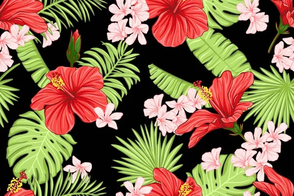 Seamless pattern with hibiscus flowers and tropical palm leaves. Exotic endless background, wallpaper. — Stock Vector