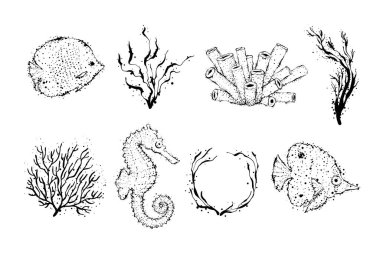 Siyah mercan, yosun, çapa, deniz atı ve balık seti. Noktalı su altı yaratıkları. Kartlar, logolar, baskılar için stilize tasarım ögeleri.