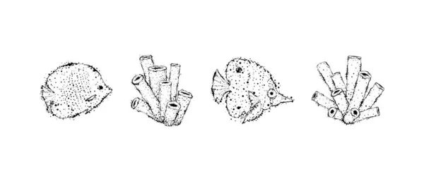 Ręcznie rysowane egzotyczne ryby. Zarys projektu z kropkami. Element projektu. — Wektor stockowy