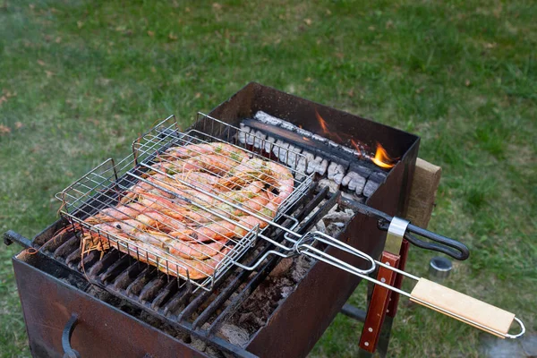 Μεγάλο Ωμό Ροζ Γαρίδες Langoustines Carapace Βρίσκονται Στη Σχάρα Καπνό — Φωτογραφία Αρχείου