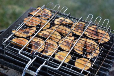 Yeşil çimenlikteki ızgarada dilimlenmiş patlıcan