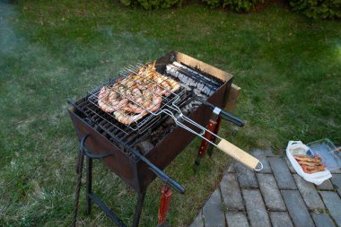 Izgarada dumanla birlikte büyük pembe karides Langoustines. Barbekü açık havada. Yaz zamanı. çimenler, yeşil çimenler