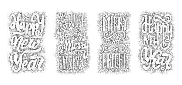 Happy new year, We wish you a merry christmas, Merry and bright, hand-lettering dotwork text . Handmade vector calligraphy for your design — Stock Vector