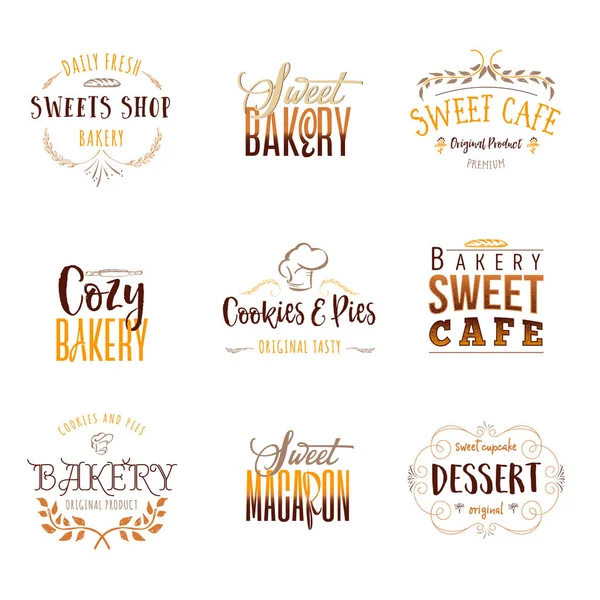 Набор значков для малого бизнеса - сладкая пекарня. Типографская пластинка ручной работы написана ручным шрифтом. Он может быть использован в корпоративном стиле, принтах, для вашего дизайна — стоковый вектор