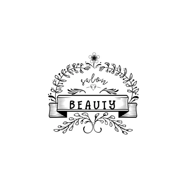 Insignia para pequeñas empresas - Salón de belleza. Pegatina, sello, logotipo - para el diseño, hecho a mano. Con el uso de elementos florales, caligrafía y letras — Archivo Imágenes Vectoriales