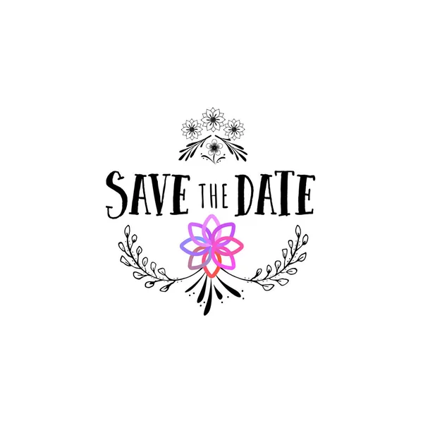 Badge as part of the design - Save the Date Sticker, stamp, logo - for design, hands made. With the use of floral elements, calligraphy and lettering — Stock Vector