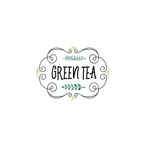 Badge als onderdeel van het ontwerp - groene thee Sticker, stempel, logo - ontwerp, handen gemaakt. Met het gebruik van bloemen elementen, kalligrafie en belettering — Stockvector