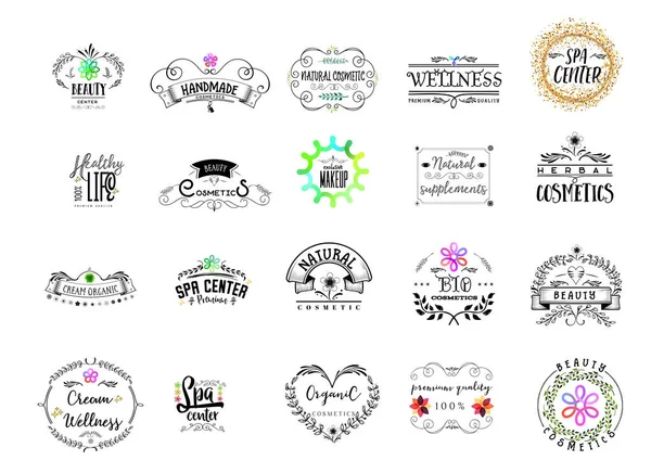 Badge als onderdeel van het ontwerp - cosmetica-logo Sticker, stempel, logo - ontwerp, handen gemaakt. Met het gebruik van bloemen elementen, kalligrafie en belettering — Stockvector