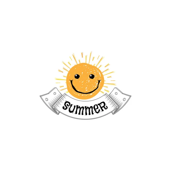 Badge als onderdeel van het ontwerp - zon en in de zomer. Sticker, stempel, logo - handen gemaakt. — Stockvector
