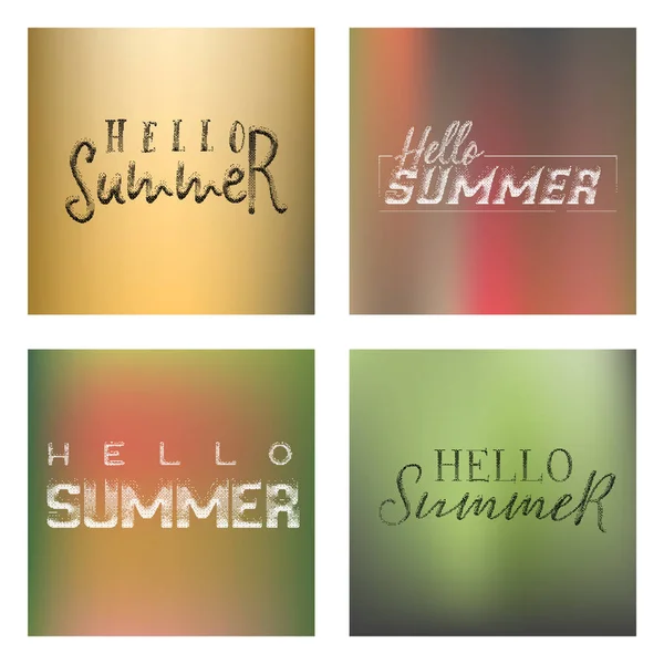 Belettering en kalligrafie halftone moderne - Hallo zomer op een onscherpe achtergrond met kleurovergang. Sticker, stempel, logo - handgemaakte — Stockvector