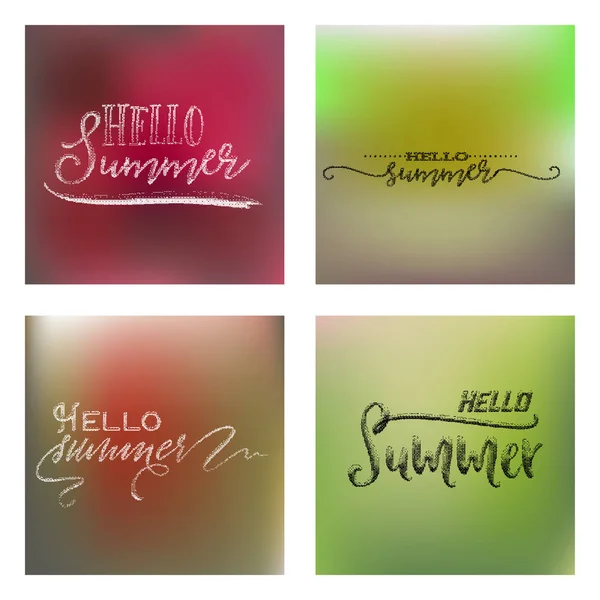 Schriftzug und Kalligrafie halbwegs modern - hallo Sommer auf unscharfem Gradienten-Hintergrund. Aufkleber, Stempel, Logo - handgefertigt — Stockvektor