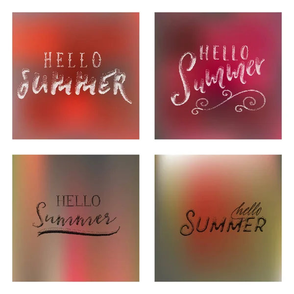 Belettering en kalligrafie halftone moderne - Hallo zomer op een onscherpe achtergrond met kleurovergang. Sticker, stempel, logo - handgemaakte — Stockvector