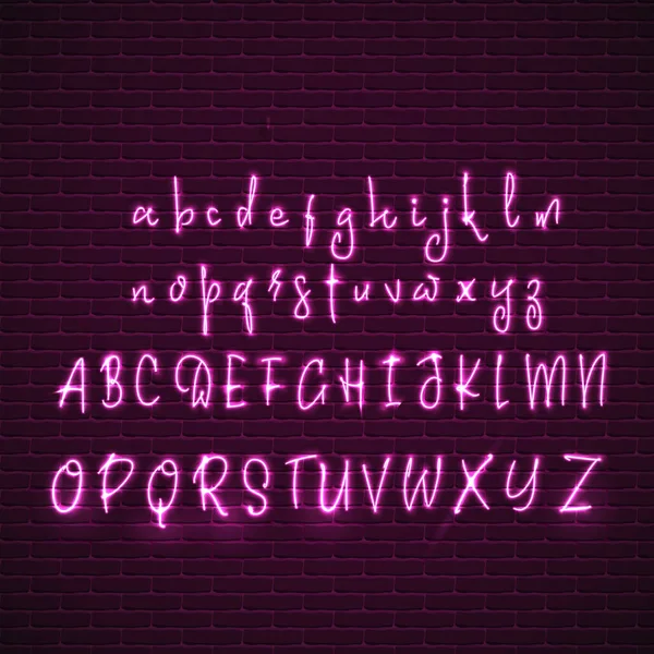 Latijnse neon lettertype. Gloeiende alfabet, elektrische stand, tegen een bakstenen muur achtergrond, kalligrafische Abc.. — Stockvector