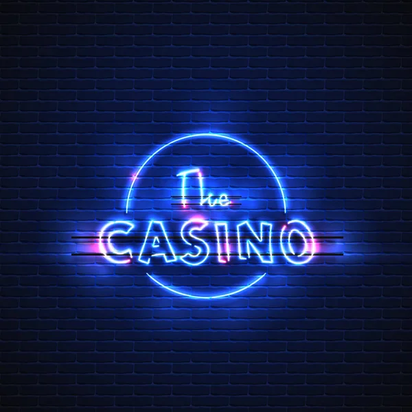 Neon banner Casino. Glödande, elektrisk ställning, mot en bakgrund med tegel i väggen. — Stock vektor