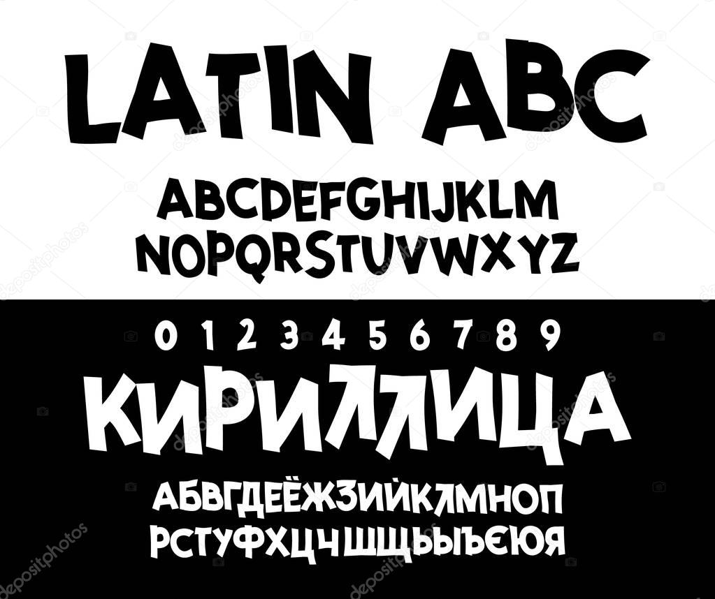 Vector Alphabet. Cyrillic and Latin , font. Unique Custom Characters. Hand Lettering for Designs - logos, badges, postcards, posters, prints. Handwriting Typography.