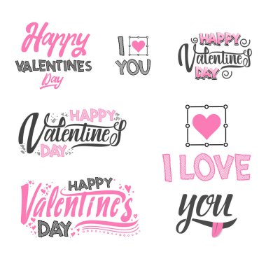 Mutlu Sevgililer günü ayarlayın. El tasarım çizim vektör yazı. Kullanılabilir posterler, kartpostallar, elbiselere yazdırır.