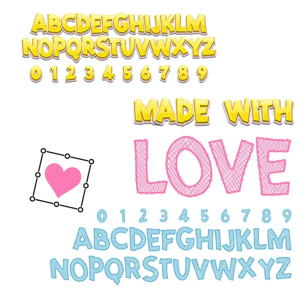 Comic belettering lettertype gemaakt met liefde, 3d en schets. Vector alfabet. Hand belettering script lettertype. Typografie alfabet voor ontwerpen: logo's, ontwerp van de verpakking, Poster. ABC... — Stockvector