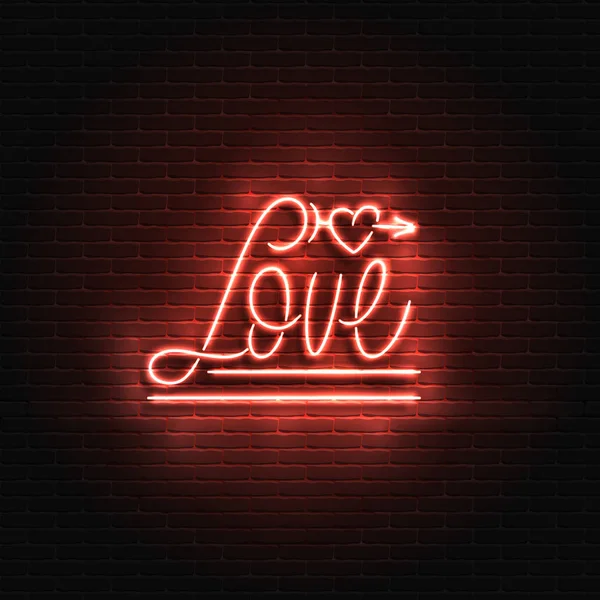 Signo de neón, la palabra amor en un fondo de pared de ladrillo. Elemento para el diseño de San Valentín. Se puede utilizar para tarjetas de felicitación, banners . — Vector de stock