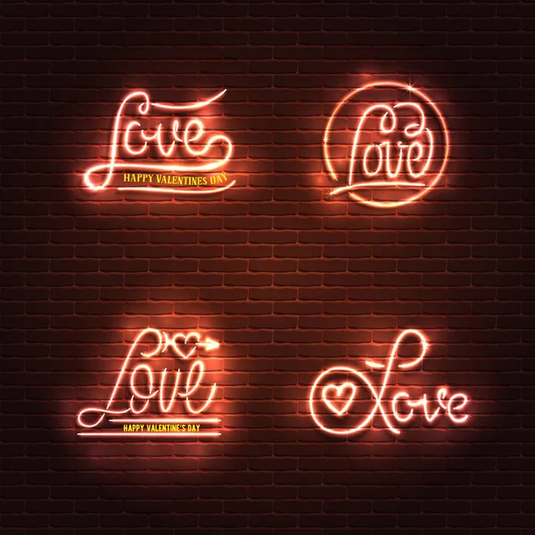 Neon teken liefde set, het woord liefde op een bakstenen muur achtergrond. Element voor het St. Valentijnsdag ontwerp. Kan worden gebruikt voor wenskaarten, banners. — Stockvector