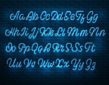 Latince neon yazı tipi. Parlayan alfabesi, elektrik standı, bir tuğla duvar arka plan, kaligrafi Abc..