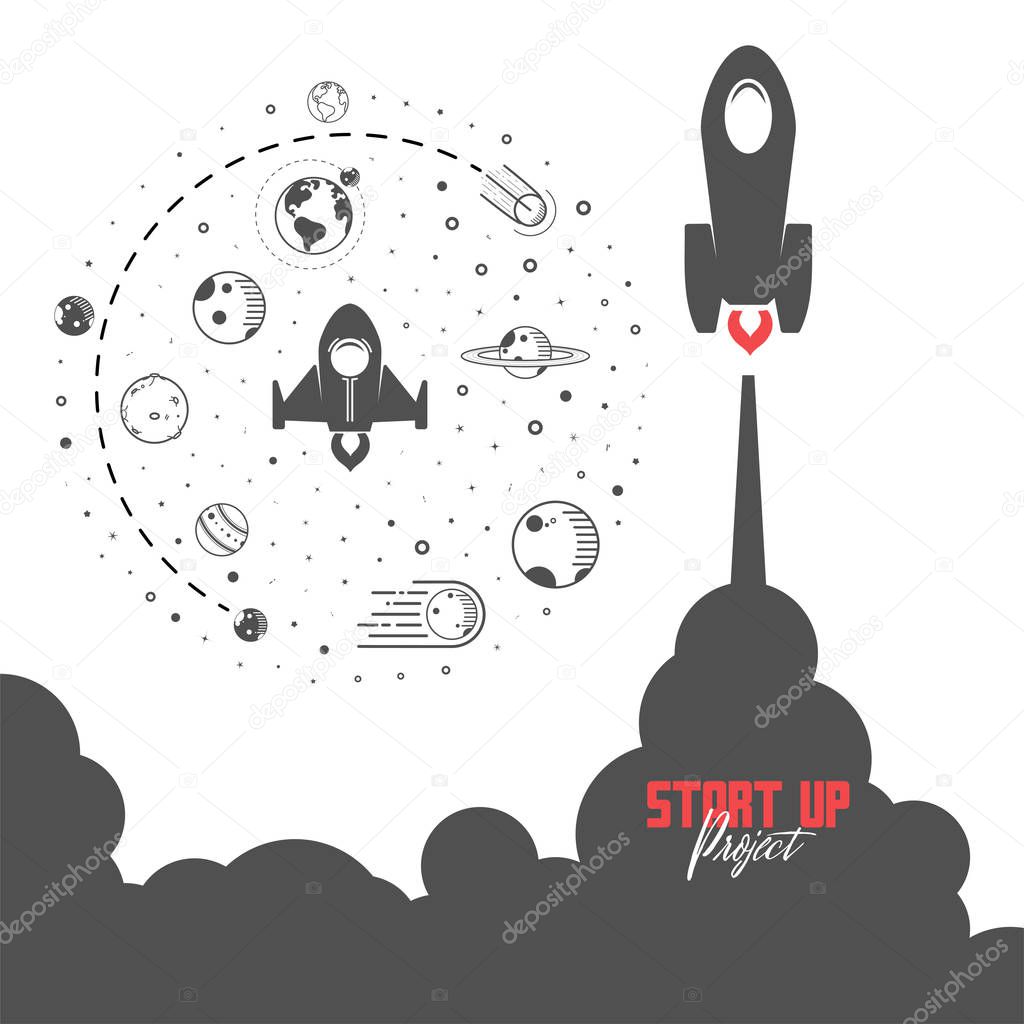 Startup project concept. Flat design missile and planets in space, to develop your business