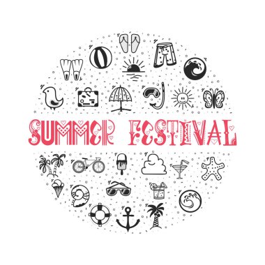 Yaz Festivali - kavram afiş bir daire şeklinde ve yaz simgeler kümesi simgeleri.