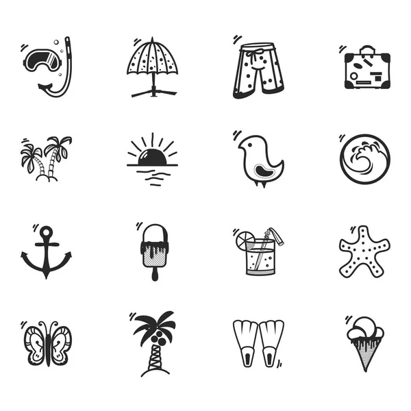Um conjunto de ícones de verão, em um doodle estilo cartoon, completamente artesanal . — Vetor de Stock