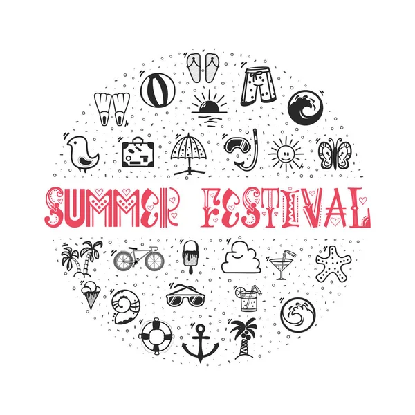 Summer Festival - concept banner from icons, in the form of a circle and set of summer icons. — Stock Vector