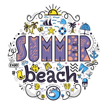 Yaz plaj ve yaz bir karikatür tarzı bir daire şeklinde renkli simgeler doodle, tamamen el yapımı dizi.