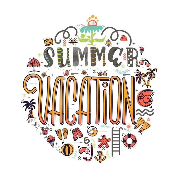 Férias de verão e conjunto de ícones coloridos de verão na forma de um círculo, em um doodle estilo cartoon, completamente artesanal . —  Vetores de Stock