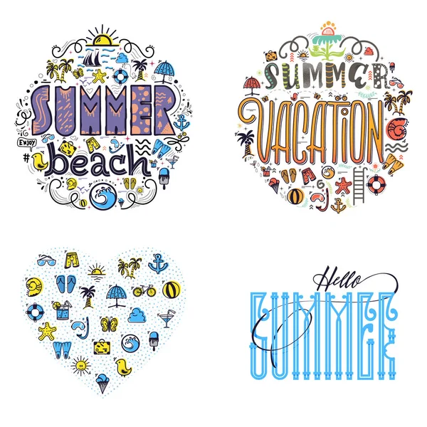 Sommer Strand und Urlaub Set von Sommer farbigen Symbolen in Form eines Kreises und eines Herzens, in einem Cartoon-Stil Doodle, komplett handgefertigt. — Stockvektor