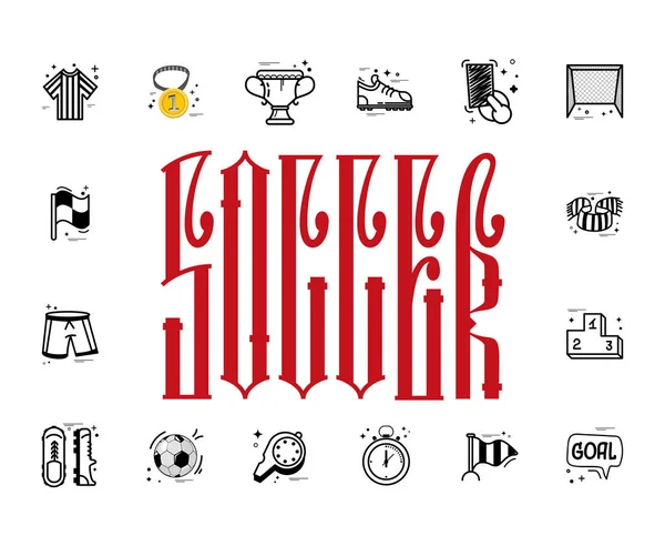 En uppsättning fotboll ikoner och bokstäver i en rektangel, i en tecknad stil doodle, helt handgjorda. — Stock vektor