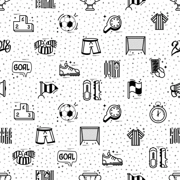 Un conjunto de iconos de fútbol - patrón sin costuras, en un garabato estilo dibujos animados, completamente hecho a mano . — Archivo Imágenes Vectoriales