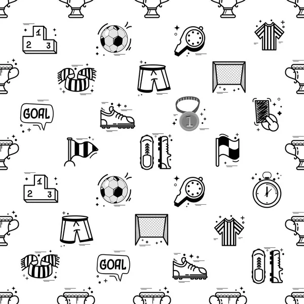 Un conjunto de iconos de fútbol - patrón sin costuras, en un garabato estilo dibujos animados, completamente hecho a mano . — Archivo Imágenes Vectoriales