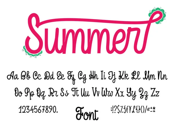 Alphabet latin Summer. Écriture de police avec caractères, chiffres et symboles majuscules et minuscules. Scénario moderne de monolines . — Image vectorielle