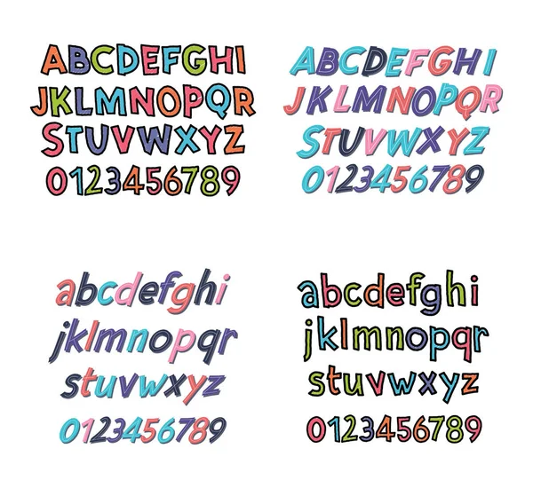 Gekleurde Latijnse alfabet. Childrens lettertype in cute cartoon stijl. Hoofdletters en hoofdletters letters en cijfers. — Stockvector