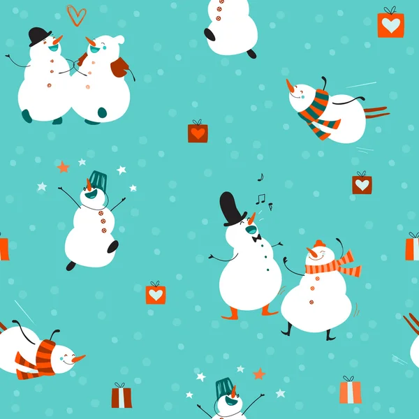 Seamless-pattern-funny-dancing-snowmen — Stock Vector