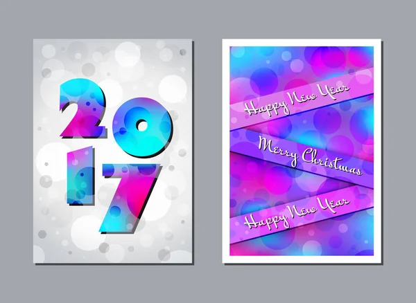 2017-Set-Happy-Año Nuevo-tarjeta-creativo-diseño-arco iris-artístico-A4 — Vector de stock