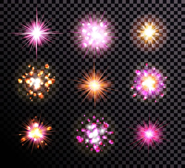 Brillante-stelle-luci-scintille-esplosioni-lente-brillamento-isolato-vettore — Vettoriale Stock