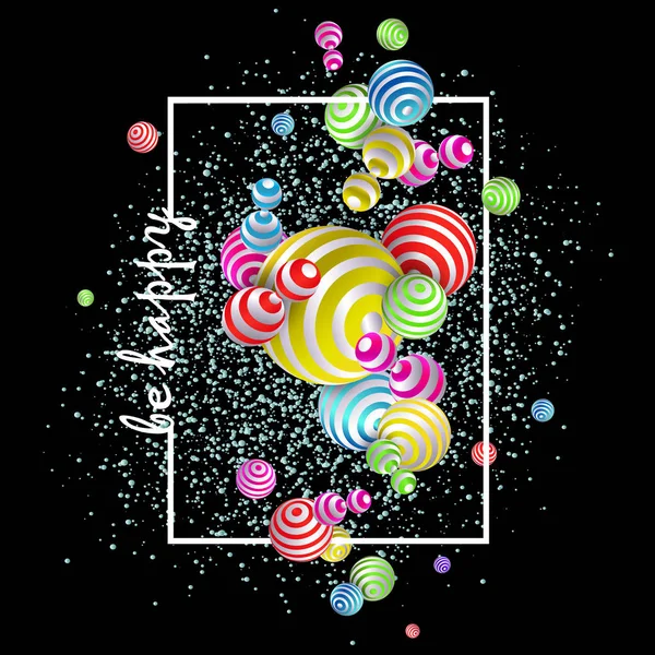 3d-multicolore-decorativo-collage-volanti-palle-cornice-felice-festivo — Vettoriale Stock