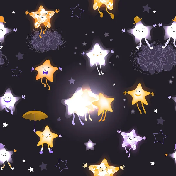 Seamless-Pattern-Stars-Cartoon-characters-Night-Sky — Wektor stockowy