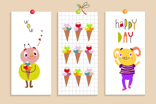 Set-Card-Birthday-Party-Funny-Monsters-Ice-Cream-humor-05 — Wektor stockowy